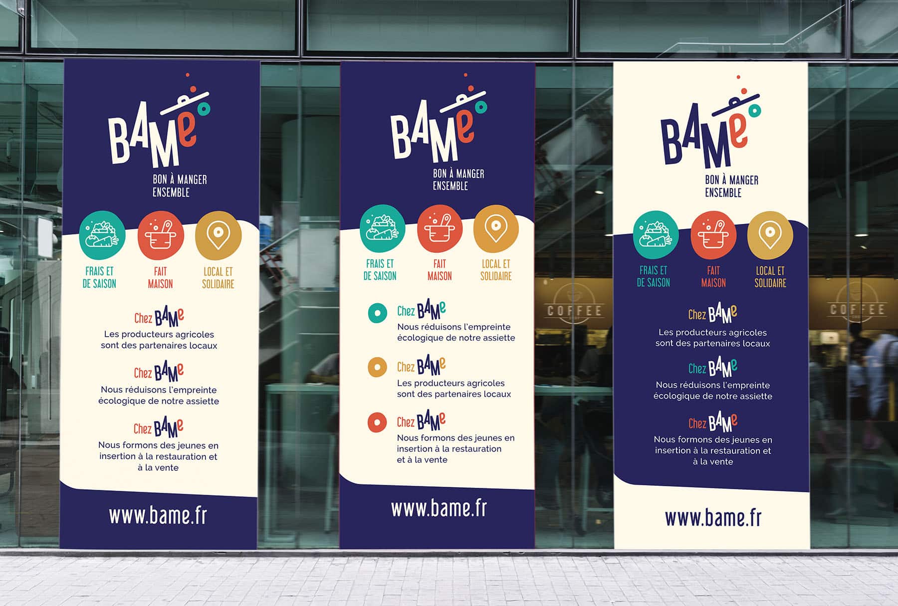 Three large banner mockups in front of a coffee shop